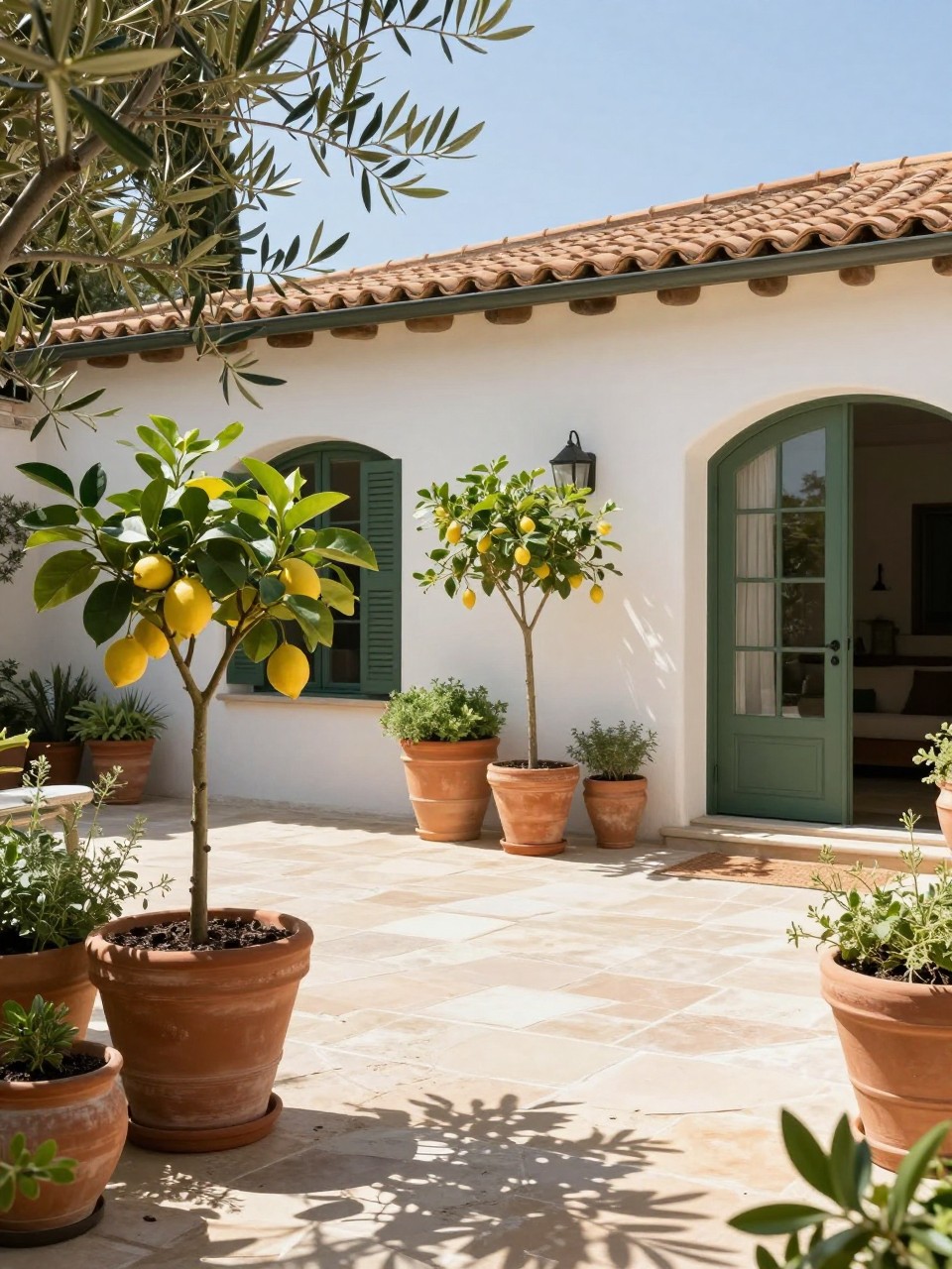 Image Prompt: A stunning Mediterranean-inspired home garden with mixed terracotta pots, small lemon trees, herbs, olive branches, stone flooring, sun-soaked patio, elegant and premium outdoor styling, relaxed luxury atmosphere, realistic DSLR photo quality, no people, no watermarks on images.
