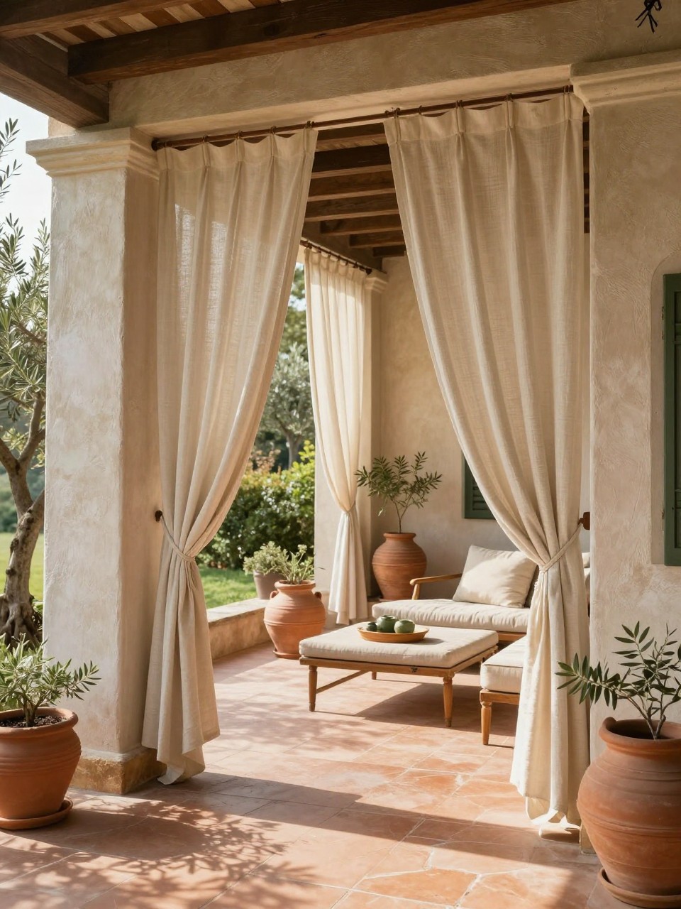 Image Prompt: A dreamy covered Italian patio with linen curtains tied back between stucco columns, terracotta floor, cushioned lounge seating, clay pots, olive trees, warm natural light, airy villa-style outdoor room, no people, realistic editorial outdoor photo, no text, no watermarks on images.