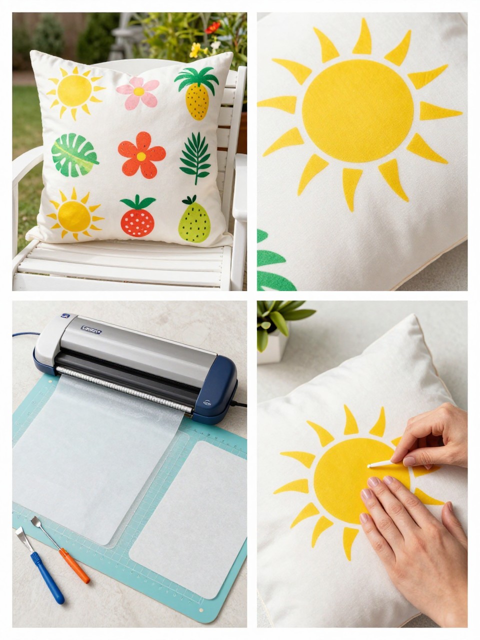 A realistic editorial 2x2 collage grid showing Cricut summer porch pillow covers, top-left finished outdoor pillow covers with heat-transfer vinyl suns, flowers, palm leaves, and fruit icons on patio chairs, top-right close-up of HTV on fabric with crisp edges, bottom-left flat lay of blank pillow covers, heat-transfer vinyl, Cricut machine, cutting mat, weeding tool, heat press, and Teflon sheet, bottom-right cropped hands pressing a vinyl sun design onto a pillow cover, bright patio craft styling, no faces, no text, no watermark on images.