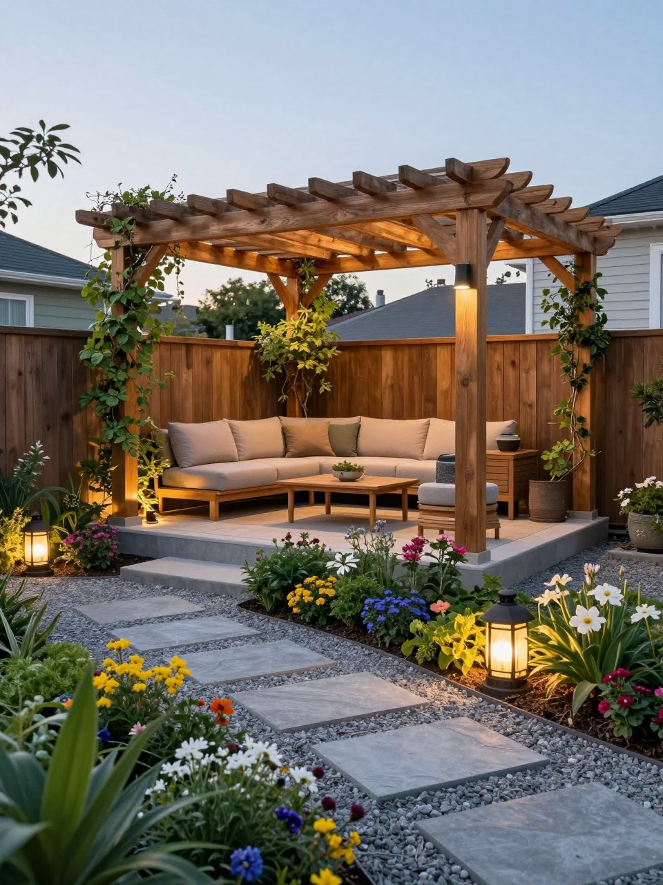 Image Prompt: A stylish two level garden with an upper pergola seating area, warm wood pergola, outdoor sofa, climbing plants, lower garden level filled with flower borders, gravel path, soft lighting, premium and inviting backyard design, realistic DSLR photo quality, no people, no watermarks on images.