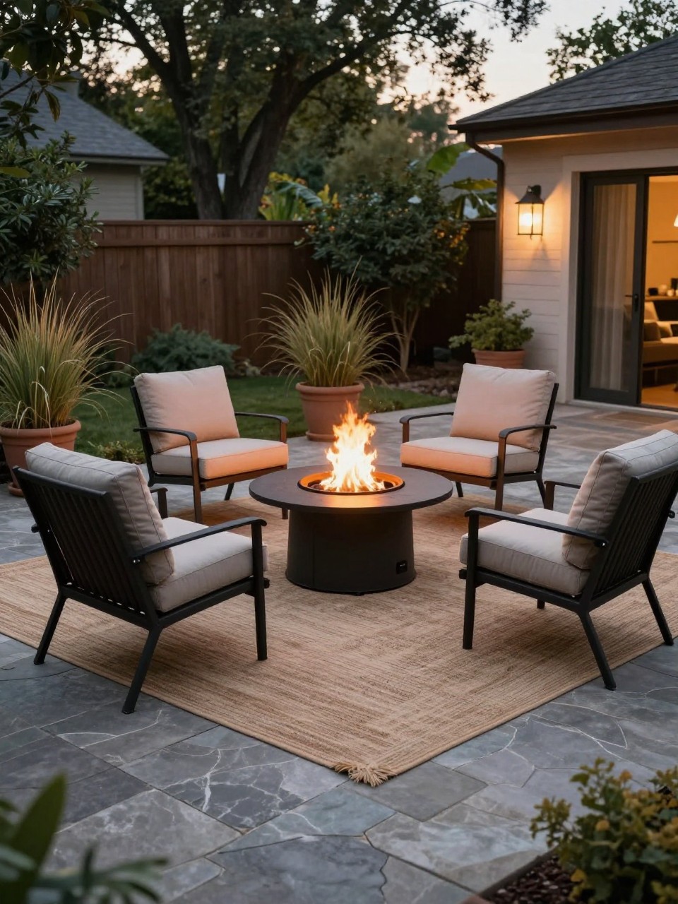 Image Prompt: A backyard patio fire pit area with a large outdoor rug placed under four cushioned chairs around a round fire pit table, stone paver floor, potted grasses, warm evening light, cozy outdoor gathering space, no people, realistic editorial garden photo, no text, no watermarks on images.