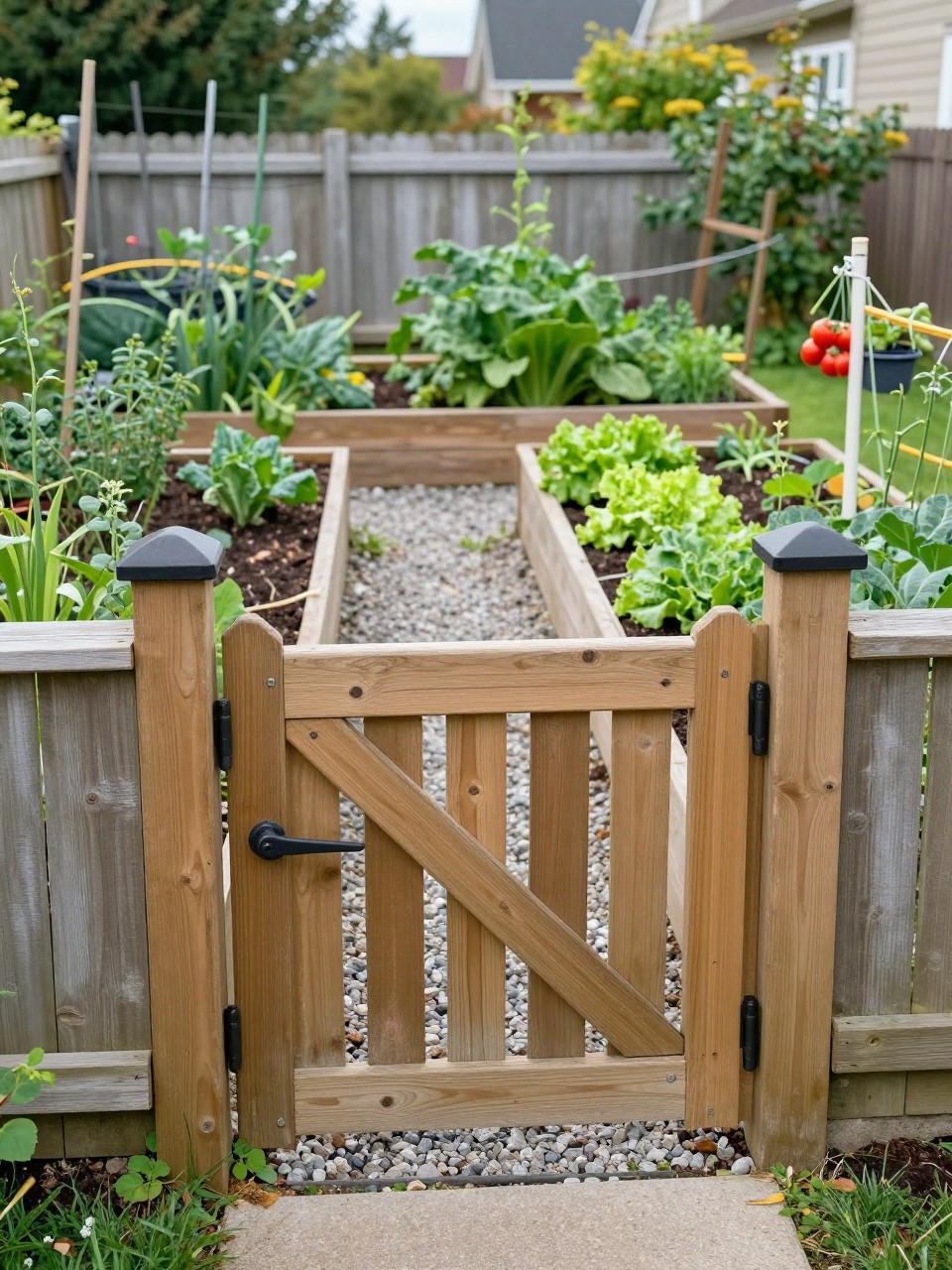 Image Prompt: A low wooden backyard gate leading into a vegetable garden, raised beds, herbs, lettuce, tomatoes, gravel paths, simple fence, practical and charming kitchen garden entrance, realistic DSLR photo quality, no people, no watermarks on images.