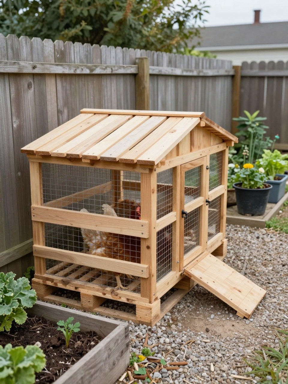 Image Prompt: A narrow pallet chicken coop built neatly along a backyard fence, reclaimed pallet boards used for the hen house, long slim wire run attached to the fence line, small chicken door and ramp, gravel base, chickens inside, vegetable beds and garden pots nearby, space-saving backyard layout, realistic daylight, no people, no text, no watermark.