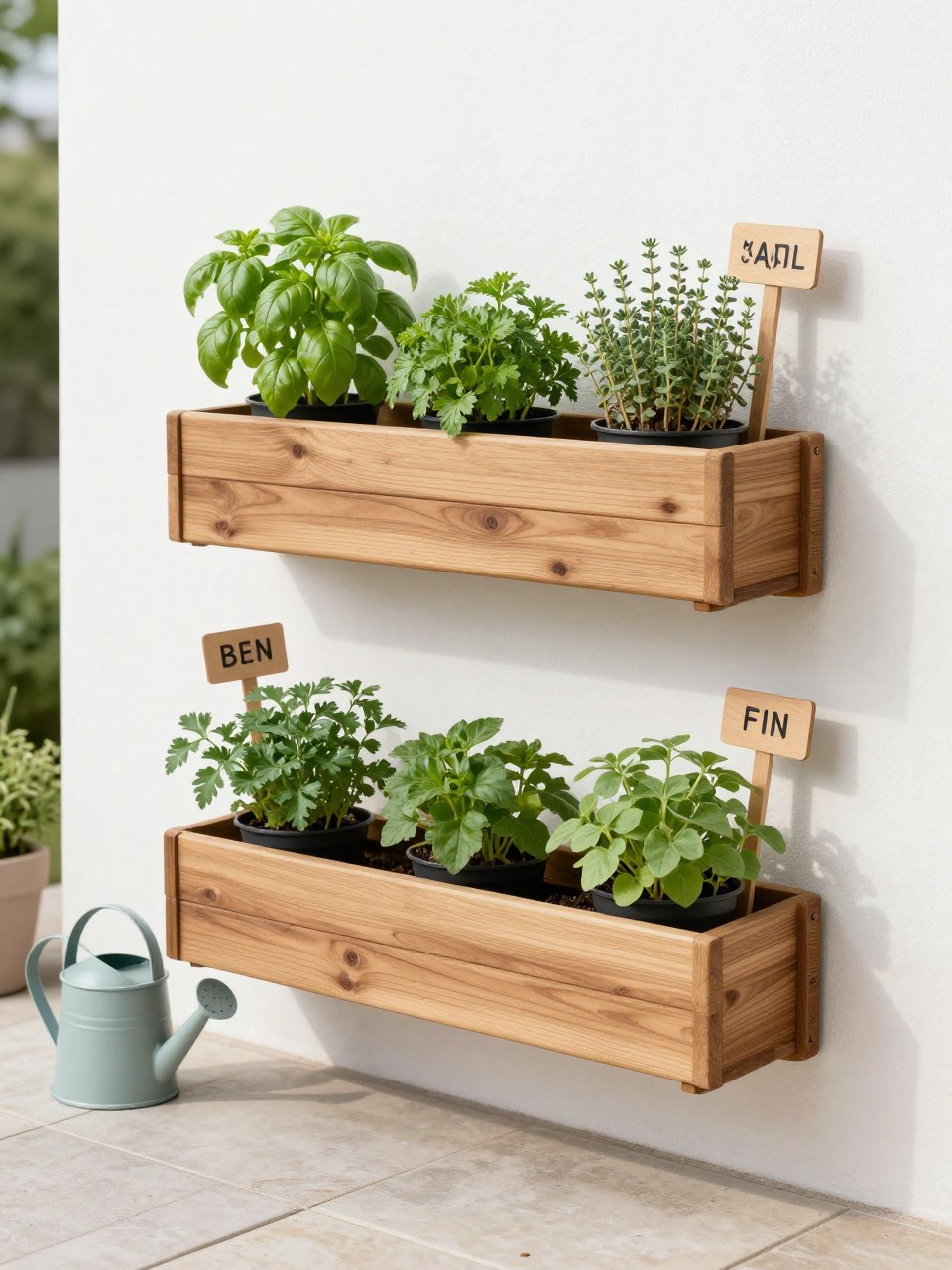 Image Prompt: A stylish patio wall herb garden with a wooden vertical planter mounted on a white exterior wall, small pots of basil, parsley, thyme, oregano, and chives, simple labels on plain wooden stakes, small watering can nearby, light stone floor, bright clean patio setting, realistic DSLR image, no people, no text, no watermarks on images.