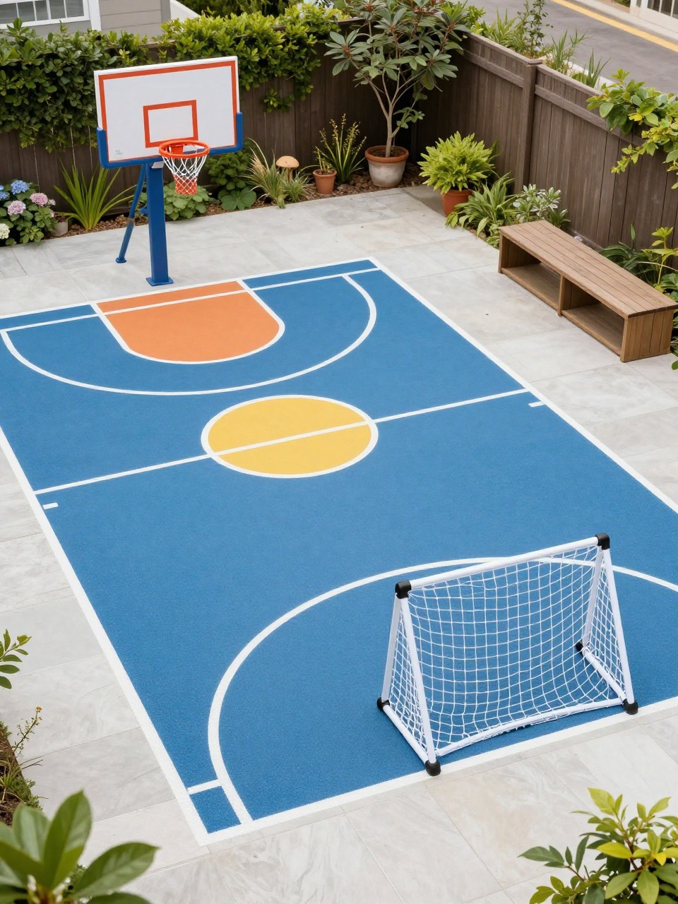 Image Prompt: A compact backyard kids sport court with small basketball hoop, colorful court markings, soft surface, mini soccer goal, storage bench, family garden border nearby, cheerful and organized outdoor play area, realistic DSLR photo quality, no people, no watermarks on images.