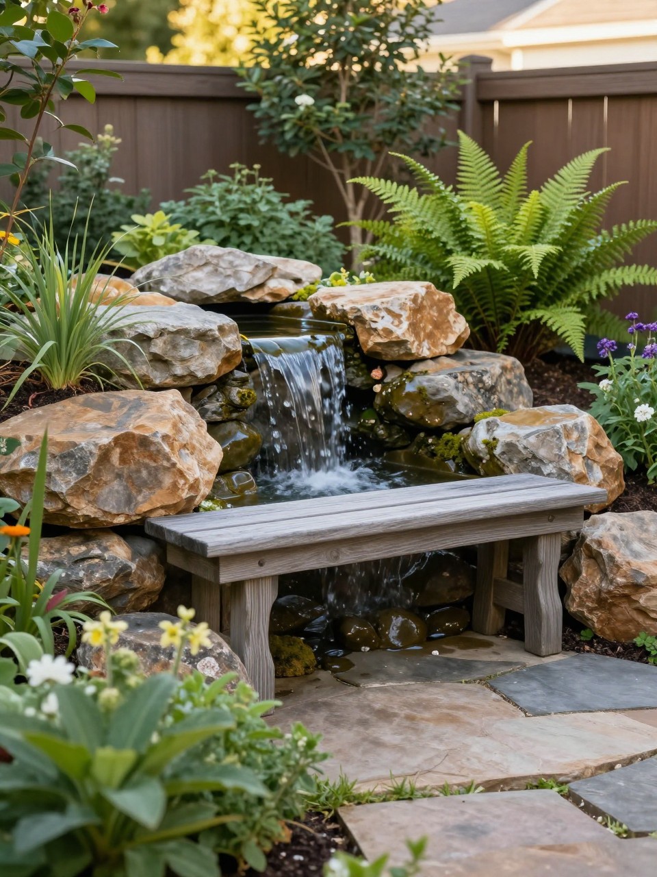 Image Prompt: A cozy backyard garden bench beside a small homemade waterfall, natural rocks, soft green planting, ferns, flowers, stone path, warm afternoon light, peaceful seating nook, realistic DSLR photo quality, no people, no watermarks on images.