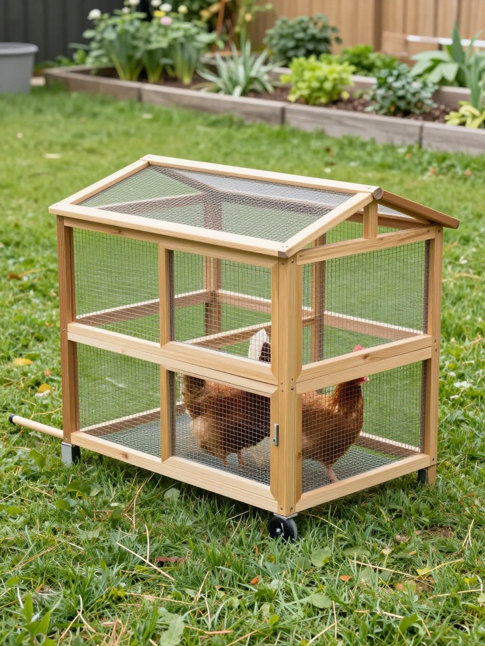 A realistic low budget chicken tractor coop on a grassy backyard lawn, lightweight simple wooden frame, wire mesh sides, small covered shelter section, two wheels on one end, pull handle on the other, hens pecking inside, garden beds in the distance, movable and practical DIY design, bright natural light, no people, no text, (no watermarks on images).