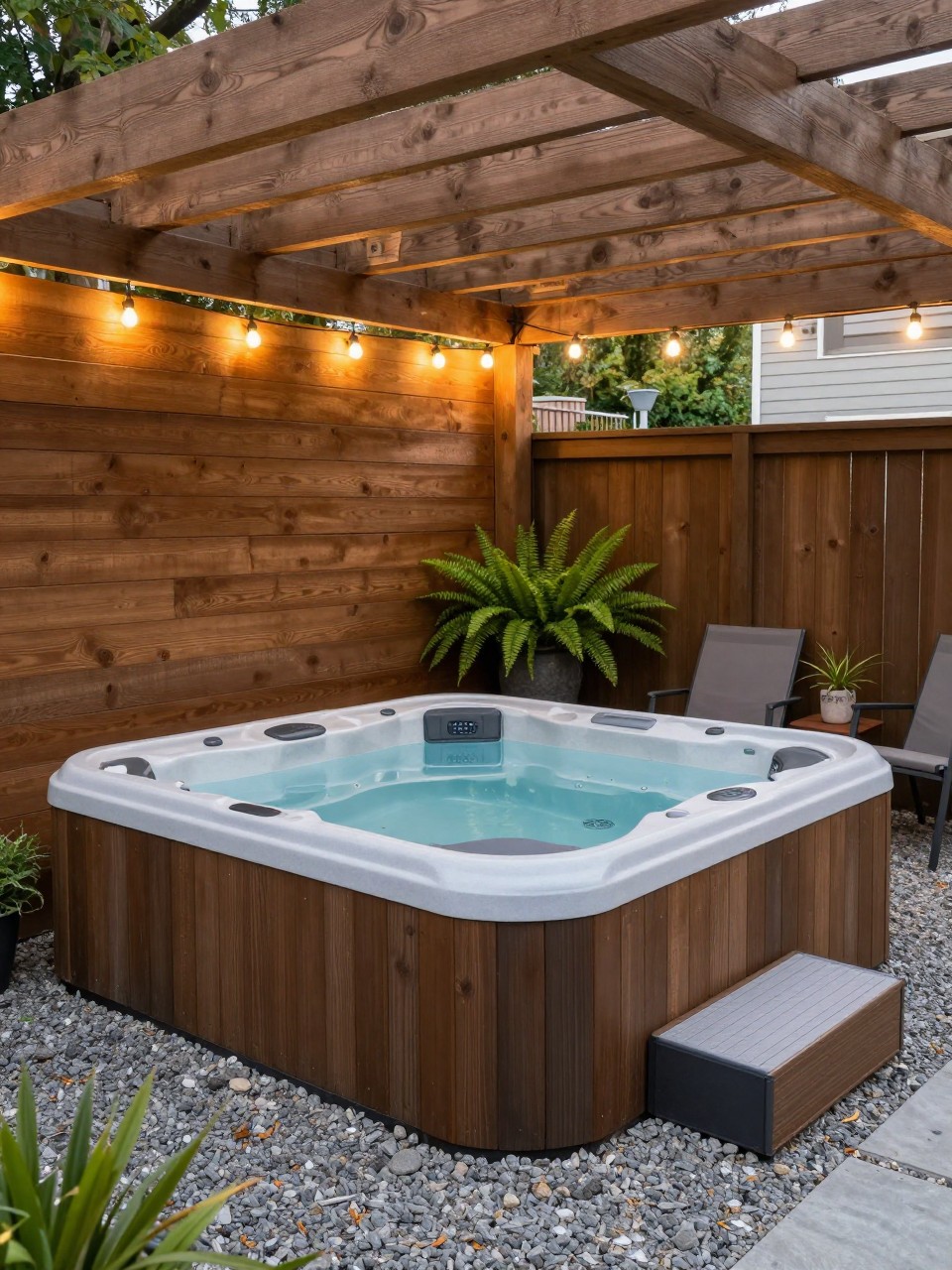 Image Prompt: A smart budget under-deck hot tub patio with a simple hot tub, string lights attached to deck beams, gravel floor, wood privacy panel, potted ferns, two small chairs, cozy shaded backyard design, no people, realistic DSLR photo, no text, no watermarks on images.