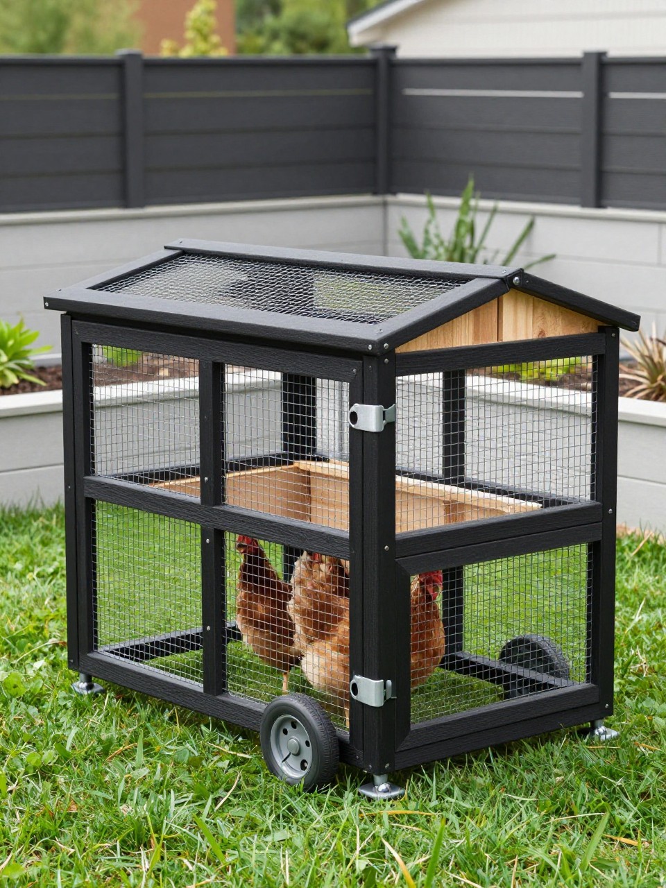 A realistic modern moveable chicken coop with a matte black wooden frame, cedar shelter box, clean wire mesh panels, two sturdy wheels, sleek pull handle, small side nesting box, hens inside on a green lawn, modern raised garden beds and privacy fence nearby, stylish backyard homestead design, bright natural light, no people, no text, (no watermarks on images).