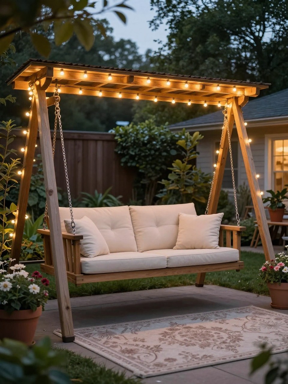 Image Prompt: A cozy backyard swing area with warm string lights wrapped around the swing frame, hanging porch swing with cream cushions, potted flowers, soft outdoor rug, leafy garden backdrop, romantic evening patio styling, realistic DSLR photo quality, no people, no watermarks on images.