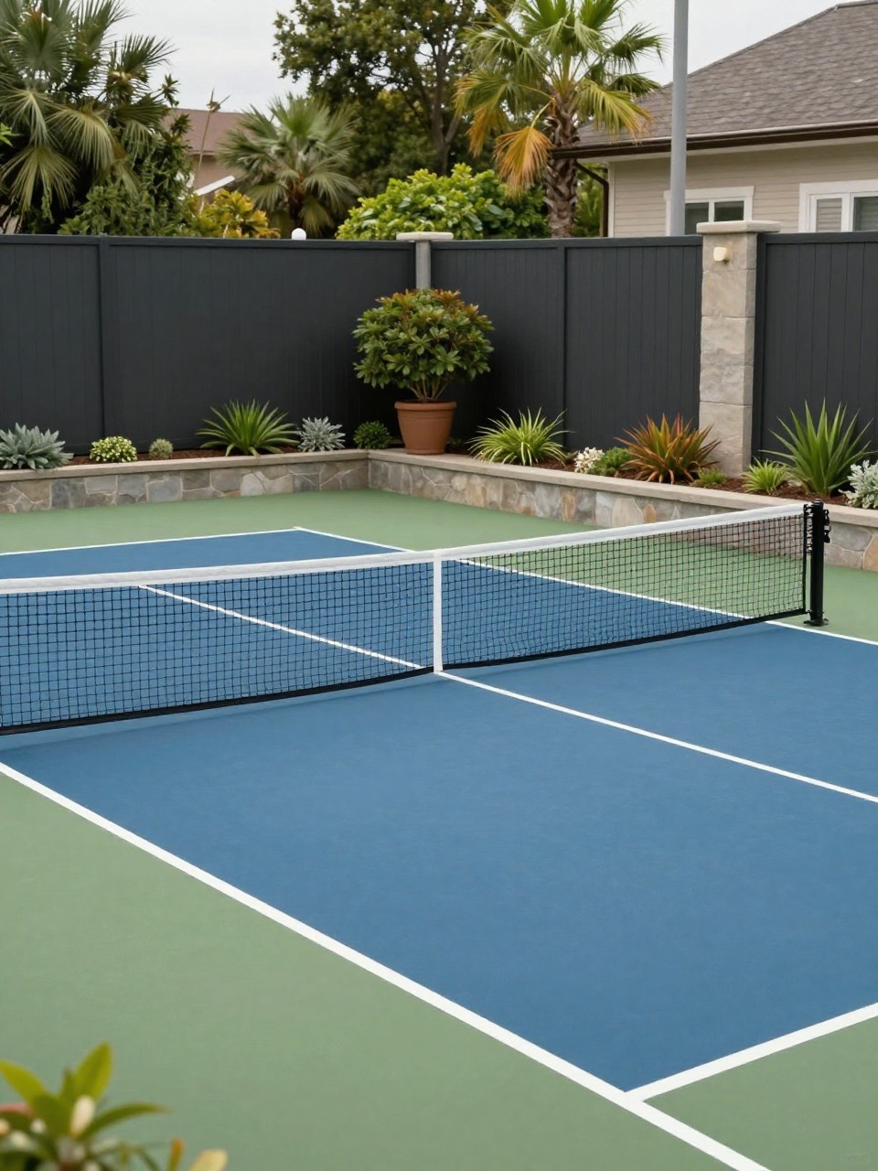 Image Prompt: A beautiful backyard pickleball court with blue and green court surface, crisp white lines, low black net, privacy fencing, potted plants, soft garden borders, modern outdoor family recreation space, realistic DSLR photo quality, no people, no watermarks on images.