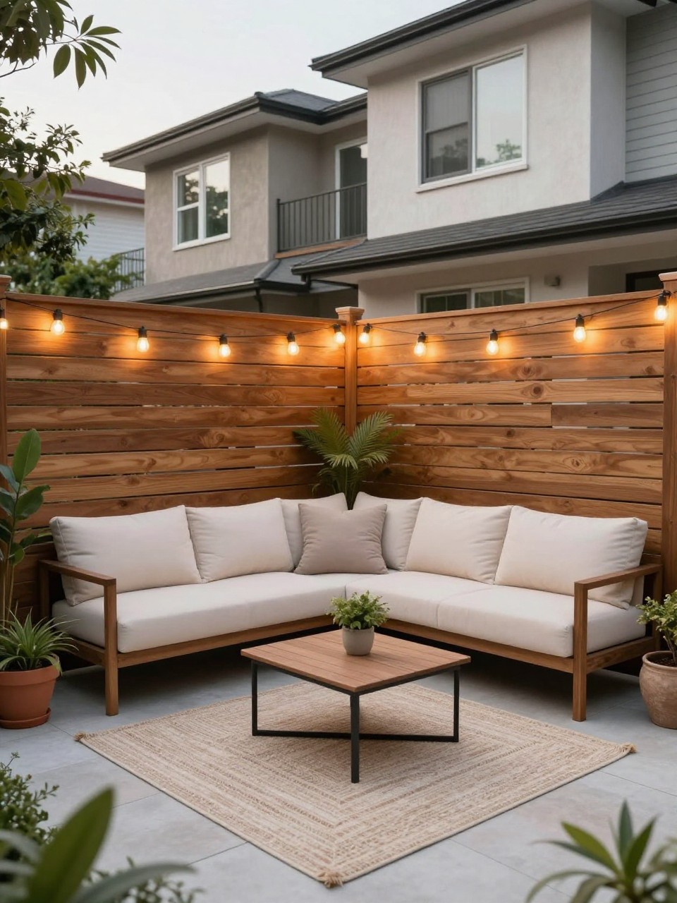 Image Prompt: A beautiful townhome backyard with a cozy lounge patio, warm slatted wood privacy screens, outdoor sofa with cream cushions, textured rug, potted plants, small coffee table, soft string lights, premium compact outdoor living design, realistic DSLR photo quality, no people, no watermarks on images.