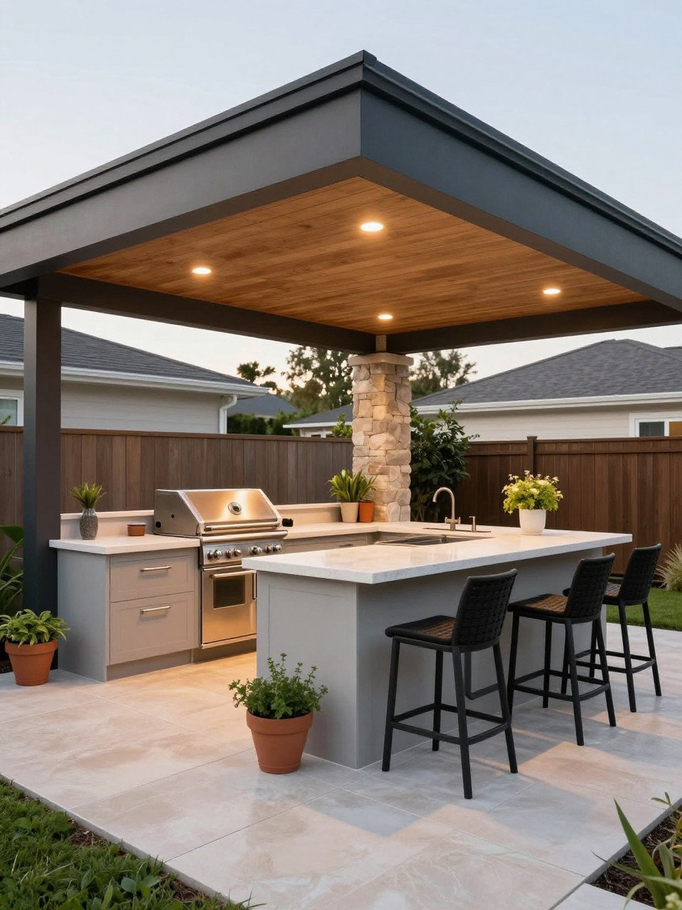 Image Prompt: A modern covered patio with a roof extension over an outdoor kitchen, built-in grill, stone countertop, black bar stools, smooth tile floor, warm wood ceiling, recessed lights, potted herbs, clean backyard entertaining space, no people, realistic DSLR photo, no text, no watermarks on images.