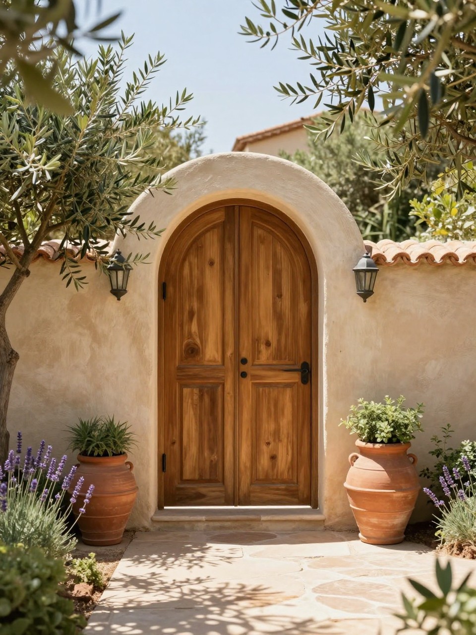 Image Prompt: A warm Mediterranean-style backyard gate with arched wood door, stucco wall, terracotta pots, olive trees, lavender, stone path, sunlit courtyard garden entrance, elegant relaxed outdoor styling, realistic DSLR photo quality, no people, no watermarks on images.