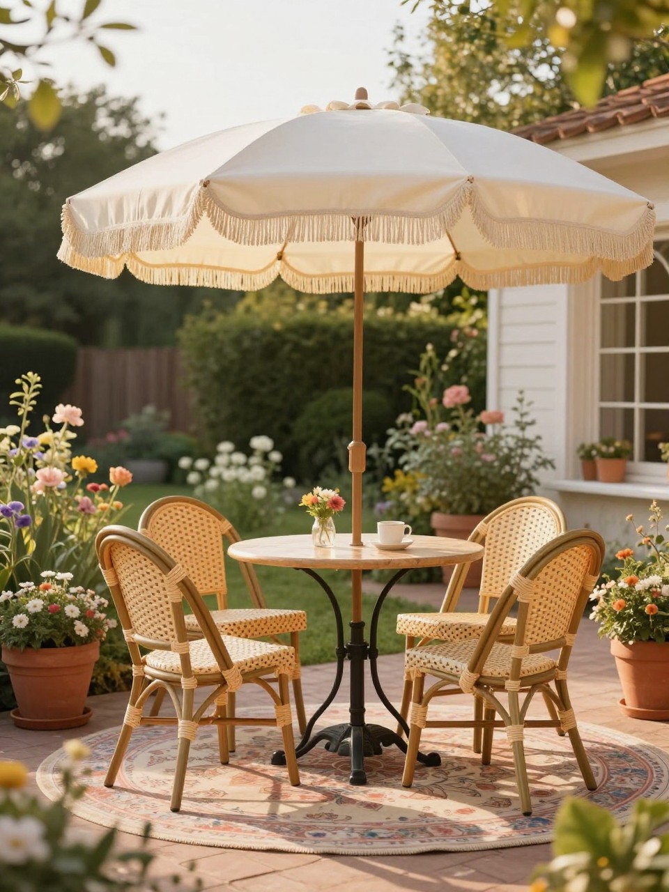 Image Prompt: A charming patio with a cream fringe patio umbrella over a small bistro table, rattan chairs, terracotta pots, patterned outdoor rug, soft garden flowers, warm golden hour light, playful vintage-inspired backyard setting, no people, realistic DSLR photo, no text, no watermarks on images.