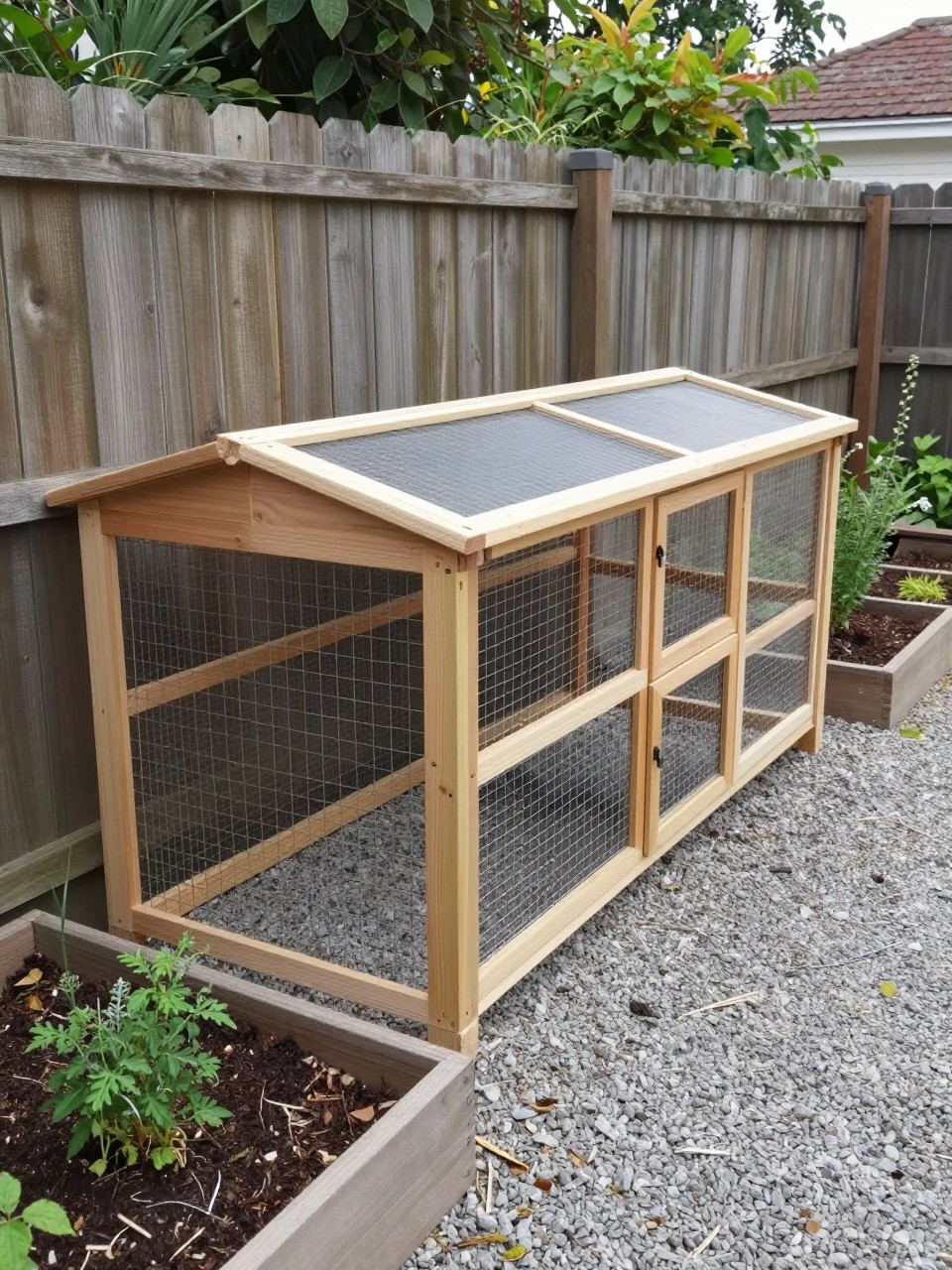 A realistic low budget chicken coop built along a backyard fence, narrow lean-to design with a slanted roof, simple wooden frame, wire run stretching along the fence line, small coop house at one end, gravel path beside it, herbs and simple raised beds nearby, practical space-saving DIY look, no people, no text, (no watermarks on images).