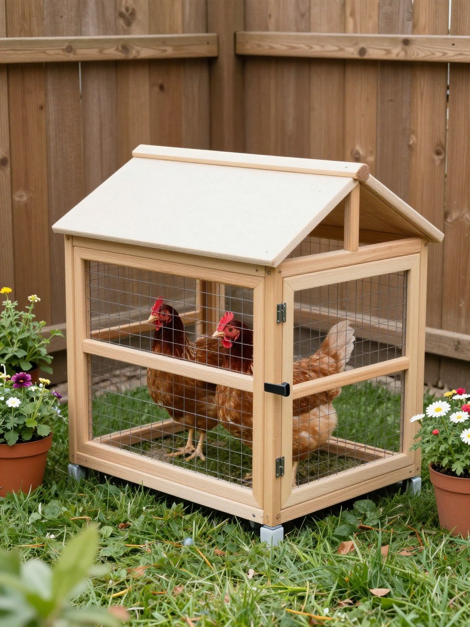 A realistic compact moveable chicken coop for two hens, tiny wooden shelter with a sloped roof, short wire run, two small wheels, small front handle, side nesting box, two hens inside on fresh grass, potted herbs and flowers around the lawn, small backyard corner with wooden fence, cozy beginner-friendly DIY style, no people, no text, (no watermarks on images).