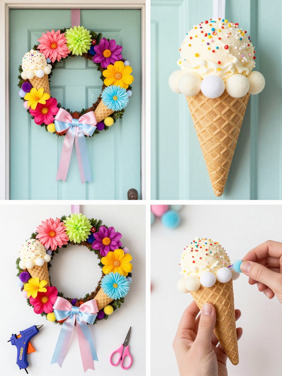 A realistic editorial 2x2 collage grid showing a summer ice cream cone wreath, top-left finished wreath on a pastel front door with faux waffle cones, pom-pom ice cream scoops, sprinkles, ribbon, and bright flowers, top-right close-up of pom-pom scoop texture and cone details, bottom-left flat lay of wreath base, mini waffle cones, colorful pom-poms, ribbon, faux flowers, hot glue gun, and scissors, bottom-right cropped hands gluing pom-poms into a cone, playful summer craft decor setting, no faces, no text, no watermark on images.