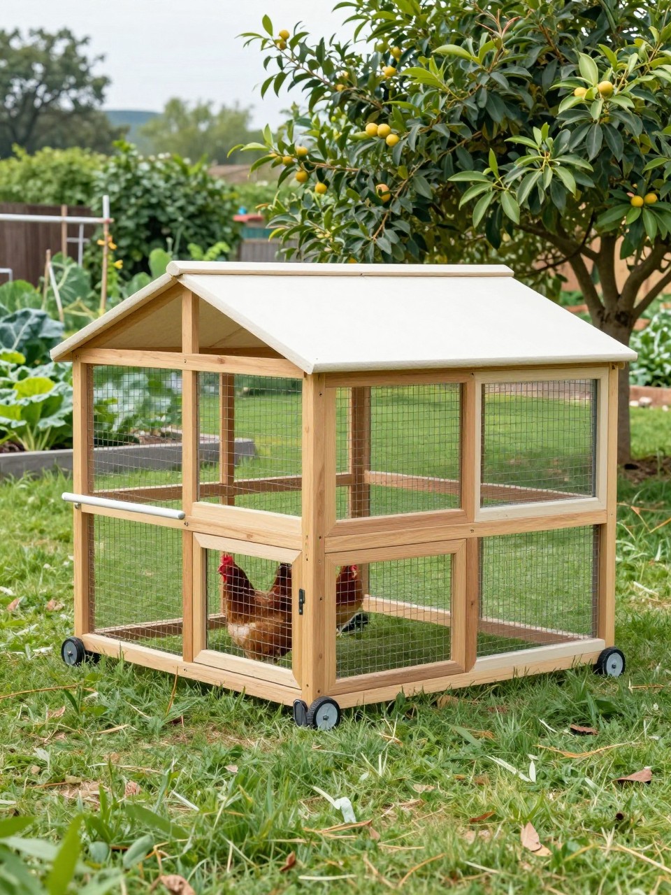 A realistic larger moveable chicken coop for a small backyard flock, sturdy wood shelter section, extended wire run, four wheels for support, full-length pull bar, side nesting boxes, hens inside on grass, spacious backyard lawn with a vegetable garden and fruit trees nearby, strong practical DIY homestead design, natural daylight, no people, no text, (no watermarks on images).