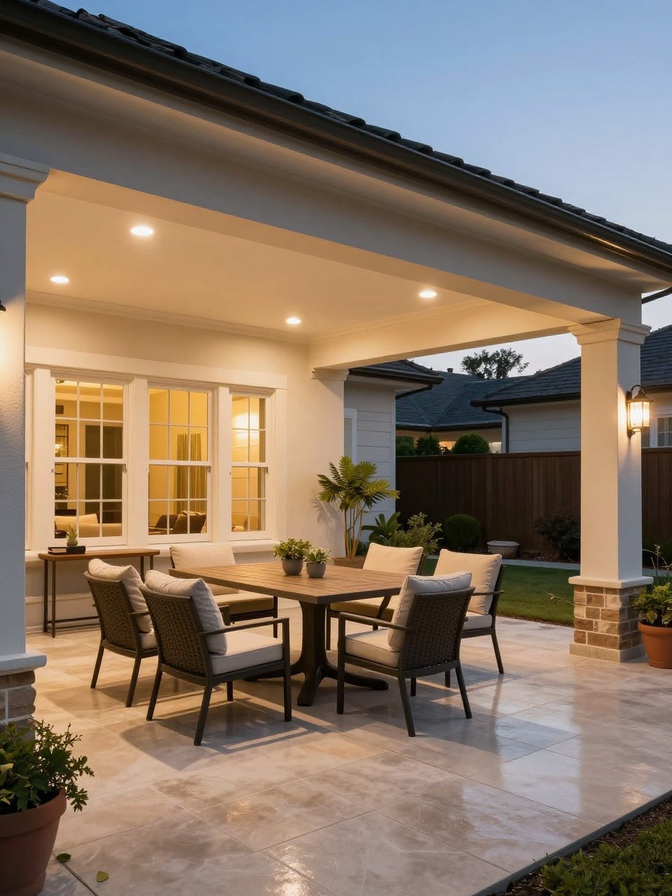 Image Prompt: A beautiful covered patio attached to the house with built-in recessed ceiling lights, outdoor dining table and lounge seating, smooth tile floor, neutral cushions, potted plants, warm evening glow, polished backyard entertaining space, no people, realistic DSLR image, no text, no watermarks on images.