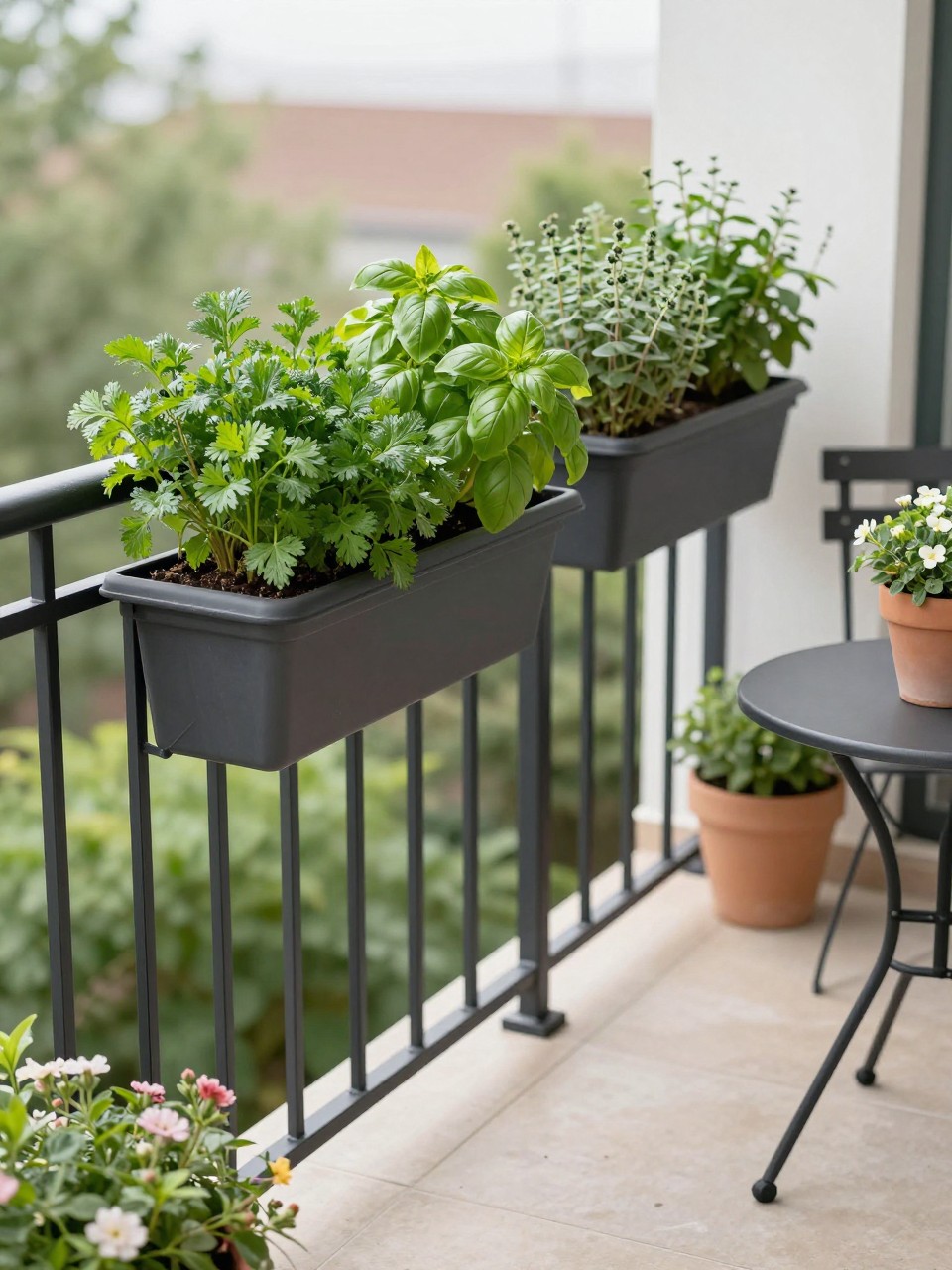 Image Prompt: A lovely patio herb garden with railing planters filled with parsley, basil, mint, thyme, and oregano, black metal railing, compact outdoor chair, small round table, potted flowers nearby, cozy balcony-style patio setting, bright daylight, realistic DSLR photo, no people, no text, no watermarks on images.