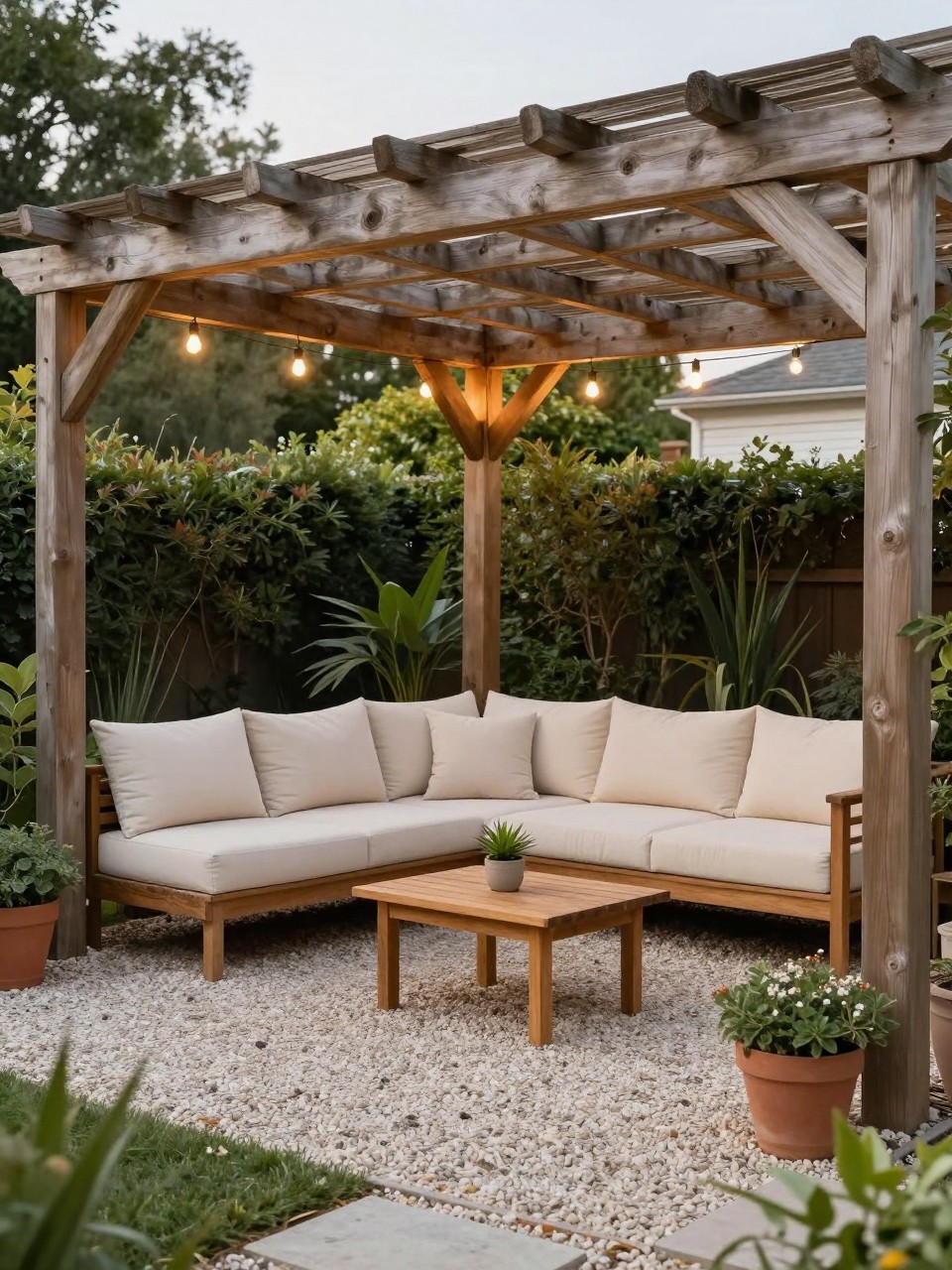 Image Prompt: A stylish pea gravel patio under a natural wood pergola, outdoor sofa with cream cushions, small wooden coffee table, warm string lights across the pergola beams, potted plants, soft garden border, cozy shaded backyard lounge, no people, realistic editorial garden photo, no text, no watermarks on images.