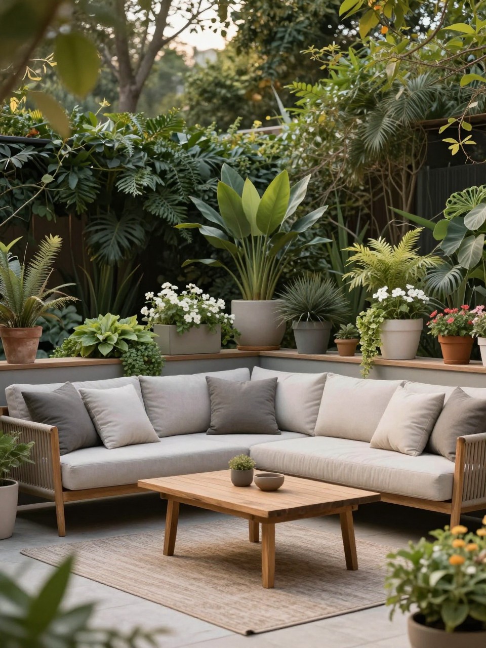 Image Prompt: A cozy patio sofa area surrounded by layered planters in different heights, leafy plants, flowering pots, trailing greenery, neutral outdoor sofa with cushions, wooden coffee table, outdoor rug, warm evening light, lush backyard lounge setup, no people, realistic DSLR photo, no text, no watermarks on images.