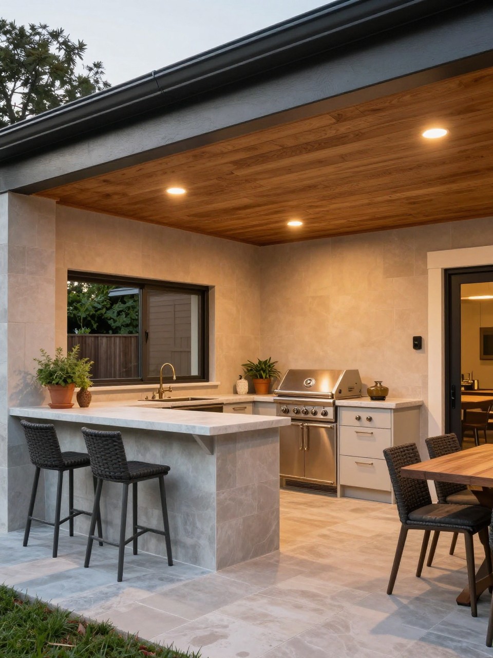 Image Prompt: A stylish patio roof attached to the house covering an outdoor kitchen, built-in grill, stone countertop, bar stools, warm wood ceiling, recessed lights, potted herbs, nearby dining table, polished backyard cooking and entertaining space, no people, realistic DSLR photo, no text, no watermarks on images.