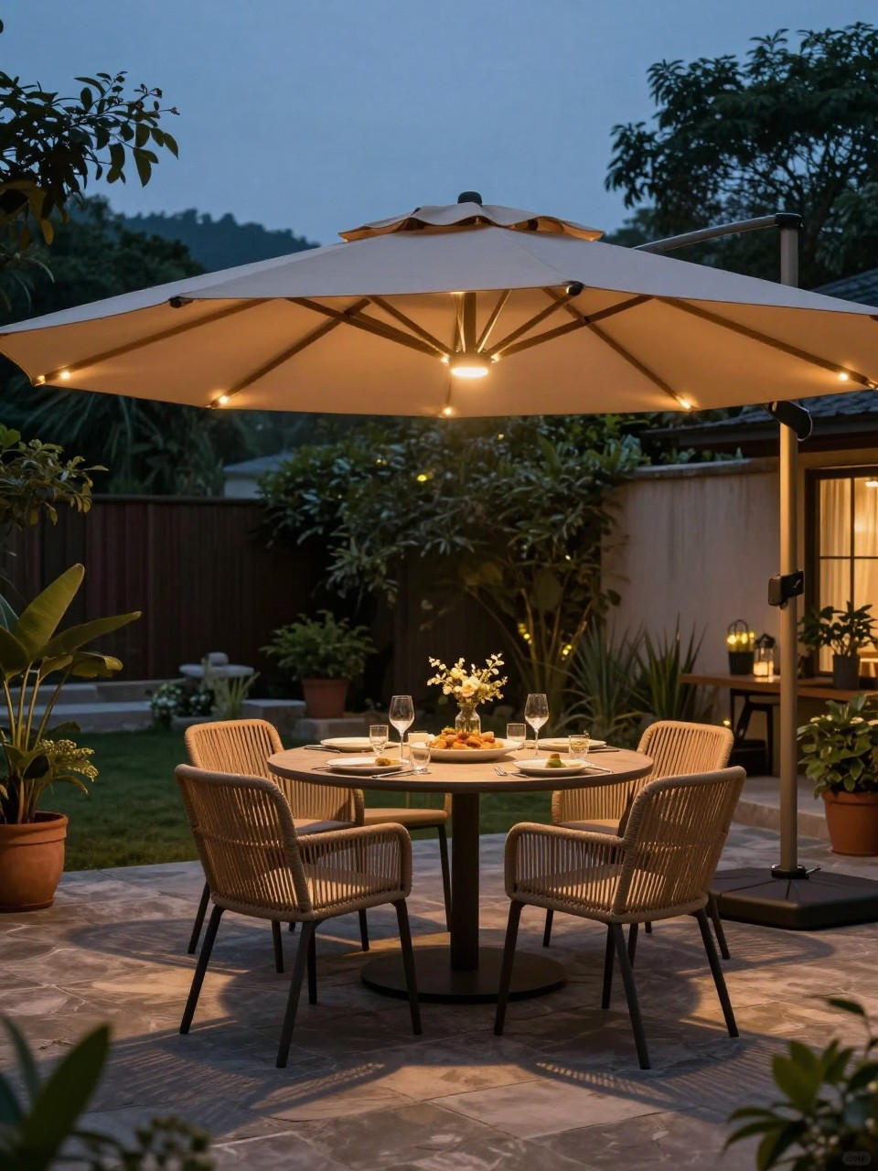 Image Prompt: A cozy evening patio with a beige umbrella featuring built-in warm LED lights under the canopy, outdoor dining table, woven chairs, potted plants, stone patio floor, soft glowing backyard dinner setting, no people, realistic DSLR photo, no text, no watermarks on images.