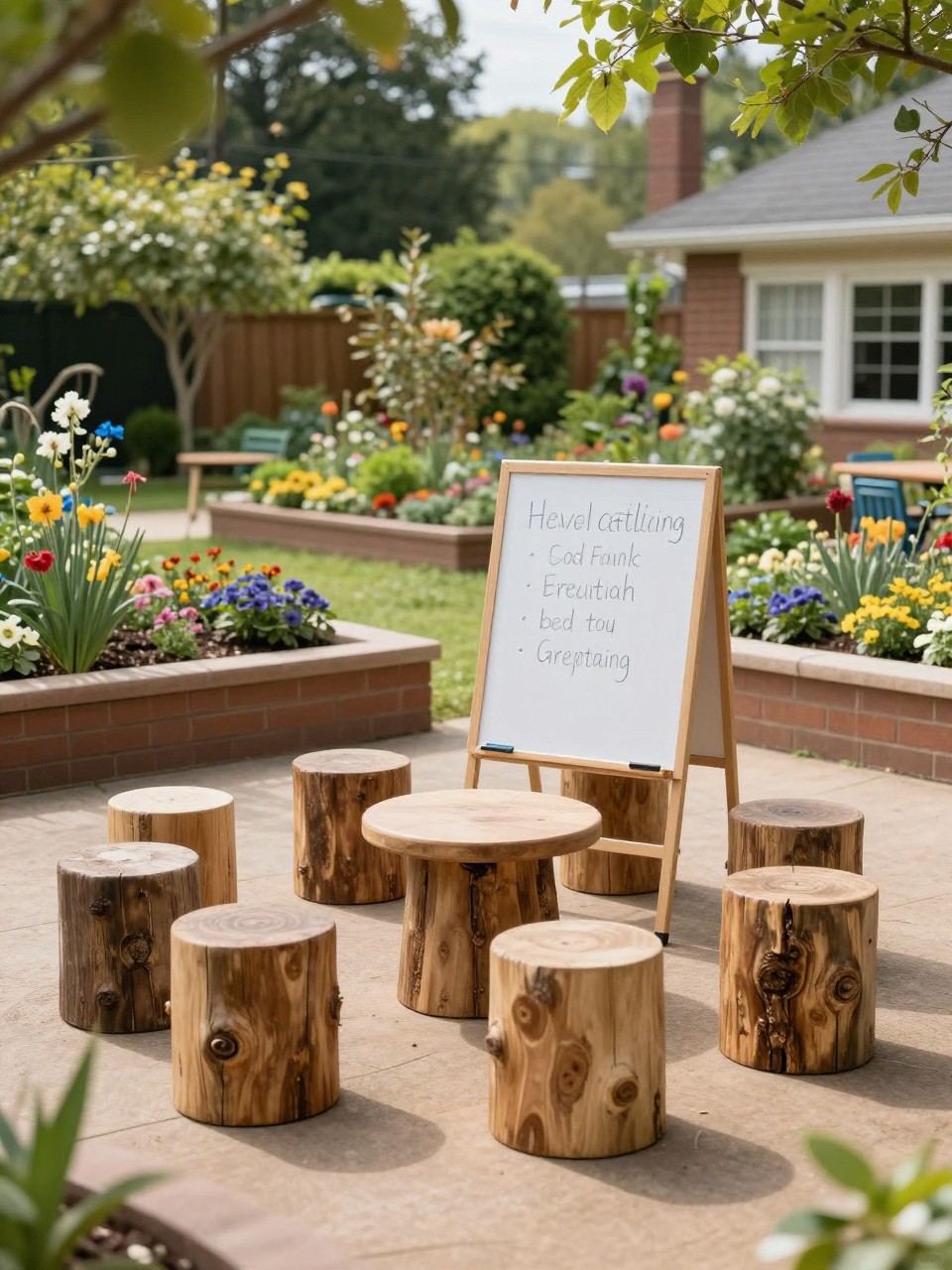 Image Prompt: A beautiful school garden outdoor classroom with a circle of natural log stools, a simple teaching board, surrounding flower beds and raised planters, shaded garden area, warm and inviting educational space, realistic DSLR photo quality, no watermarks on images.
