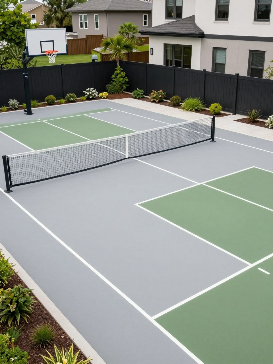 Image Prompt: A premium backyard multi-sport court with basketball hoop, pickleball court lines, smooth court surface in soft gray and green tones, black fence, neat planting borders, modern home exterior, clean family-friendly outdoor layout, realistic DSLR photo quality, no people, no watermarks on images.