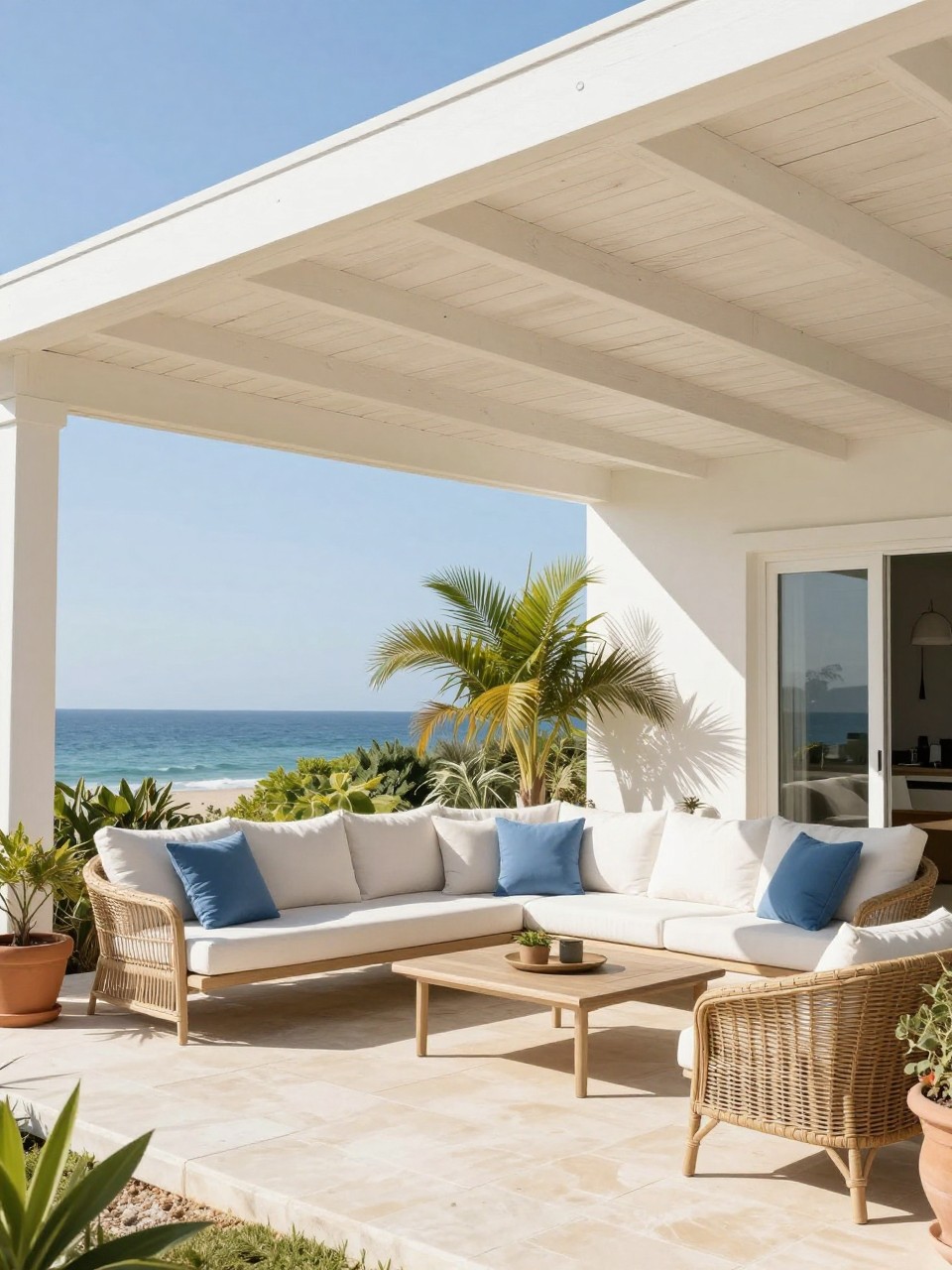 Image Prompt: A bright coastal-style patio roof attached to the house with white beams and a pale wood ceiling, light outdoor sofa, blue and white cushions, woven chairs, potted palms, pale stone floor, airy relaxed backyard setting, no people, realistic editorial photo, no text, no watermarks on images.