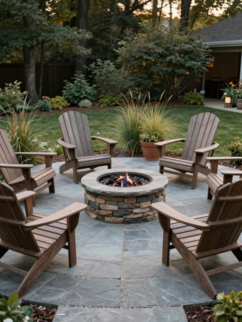 Image Prompt: A cozy backyard flagstone patio with a round stone fire pit in the center, Adirondack chairs arranged around it, natural gray flagstone floor, gravel joints, potted grasses, wooded garden edge, soft evening glow, warm and inviting outdoor gathering area, no people, realistic DSLR garden photo, no text, no watermarks on images.