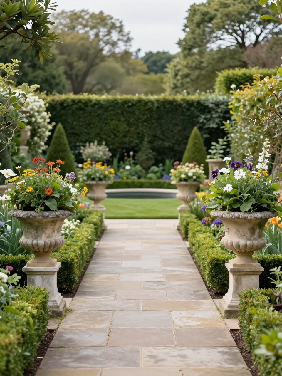 Image Prompt: A beautiful formal garden with elegant pedestal pots filled with clipped greenery and seasonal flowers, symmetrical layout, stone path, classic landscaping, premium and refined home garden design, realistic DSLR photo quality, no people, no watermarks on images.