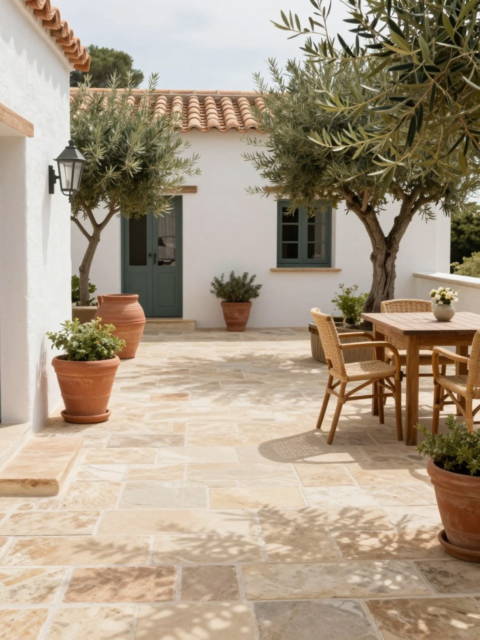 Image Prompt: A Mediterranean-inspired flagstone patio with warm beige stone slabs, white stucco walls, terracotta pots, olive trees, wooden dining table, woven chairs, soft sunlight, relaxed villa-style outdoor setting, no people, realistic DSLR image, no text, no watermarks on images.