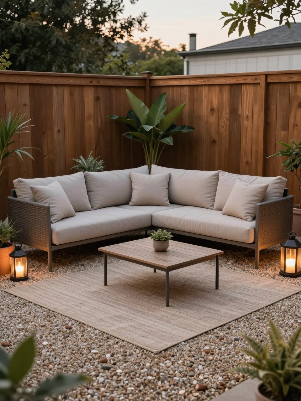 Image Prompt: A cozy pea gravel patio with a flat outdoor rug placed beneath a low outdoor sofa and coffee table, neutral cushions, potted plants, lanterns, wood fence backdrop, warm evening light, stylish budget-friendly backyard lounge, no people, realistic DSLR photo, no text, no watermarks on images.