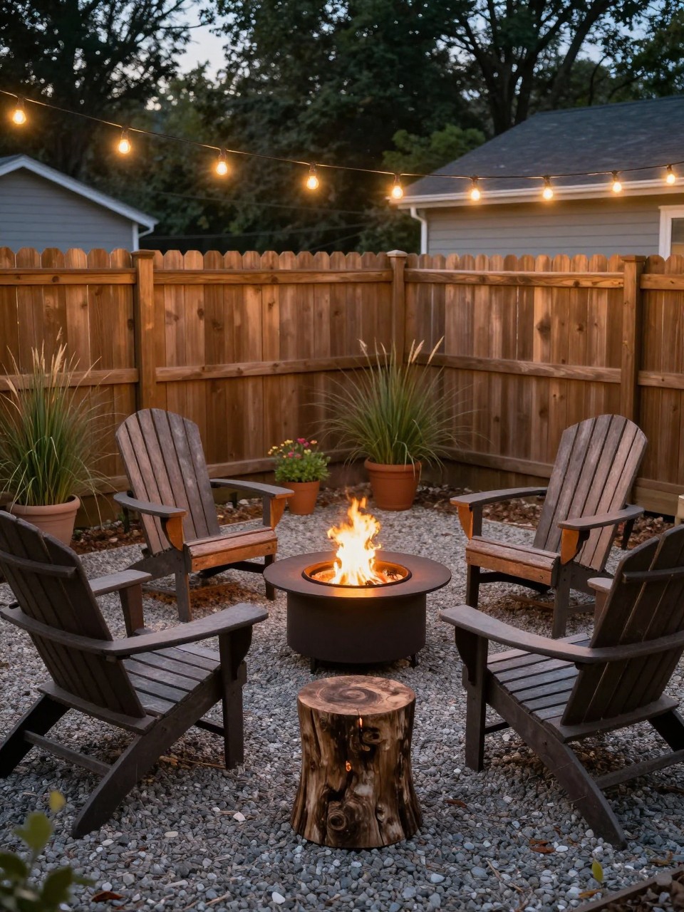 Image Prompt: A cozy backyard pea gravel fire pit patio with a round metal fire pit in the center, four Adirondack chairs, small stump side tables, potted grasses, wood privacy fence, warm string lights overhead, evening glow, inviting outdoor gathering space, no people, realistic DSLR photo, no text, no watermarks on images.