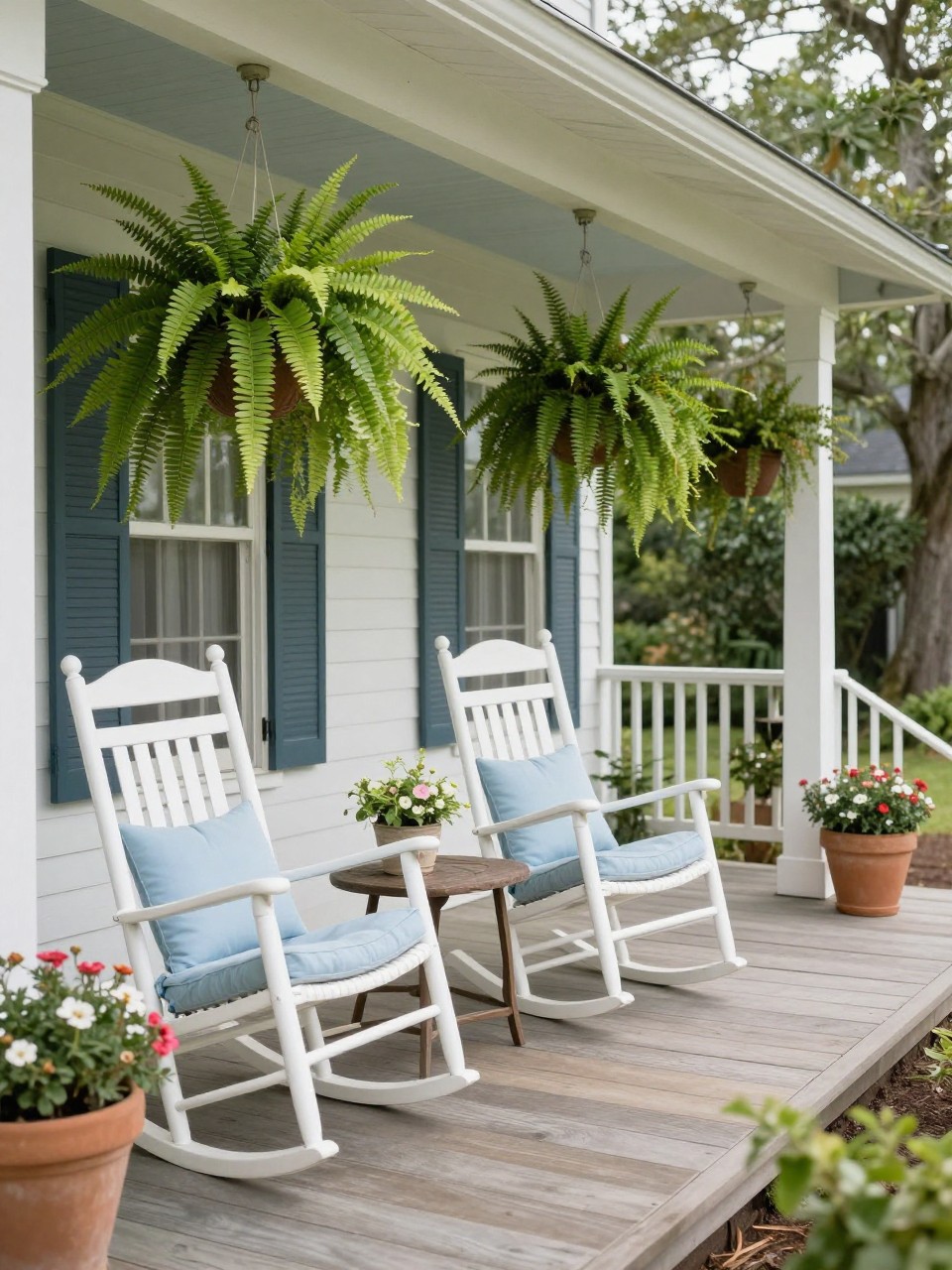 Image Prompt: A charming covered back porch patio with hanging ferns, white rocking chairs, soft blue cushions, wooden floorboards, potted flowers near the steps, relaxed Southern-inspired outdoor style, realistic DSLR photo quality, no people, no watermarks on images.