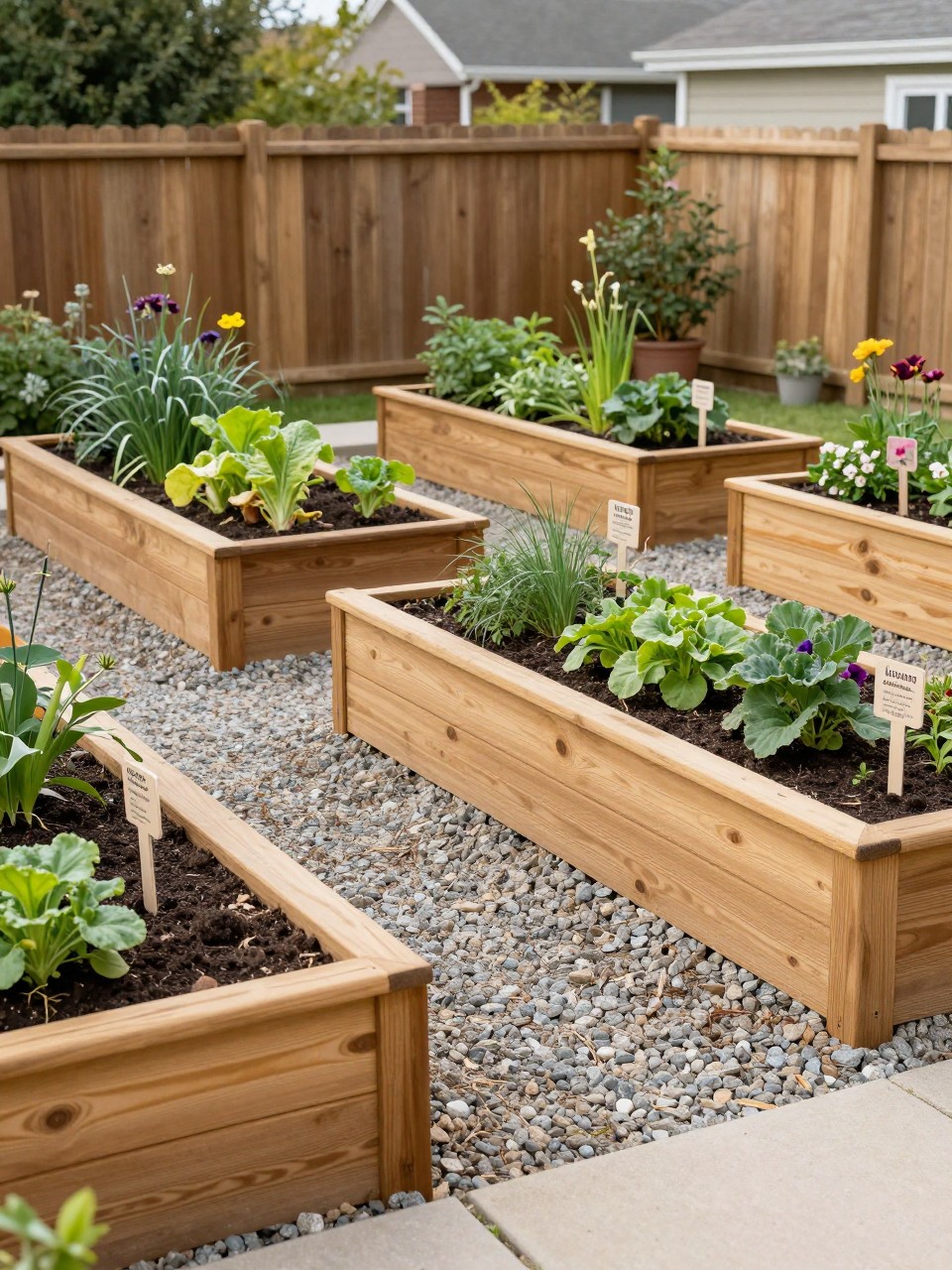 Image Prompt: A beautiful no grass backyard with raised wooden garden beds, gravel pathways between the beds, vegetables, herbs, flowers, neat labels, warm wood tones, practical and stylish edible garden design, realistic DSLR photo quality, no people, no watermarks on images.