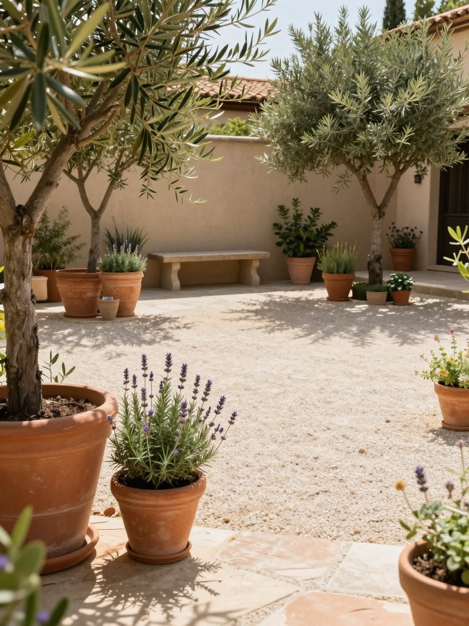 Image Prompt: A warm no grass courtyard backyard with terracotta pots, olive trees, rosemary, lavender, pale gravel, stone flooring, simple outdoor bench, Mediterranean-inspired home garden design, sunlit and elegant outdoor styling, realistic DSLR photo quality, no people, no watermarks on images.