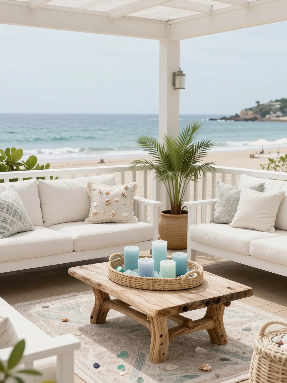 Image Prompt: A pretty coastal patio styled with subtle shell accents and sea-glass colored decor, white outdoor seating, woven tray, soft blue candles, driftwood coffee table, pale rug, potted greenery, light-filled beach-inspired outdoor setting, no people, realistic DSLR editorial photo, high detail, no text, (no watermarks on images)