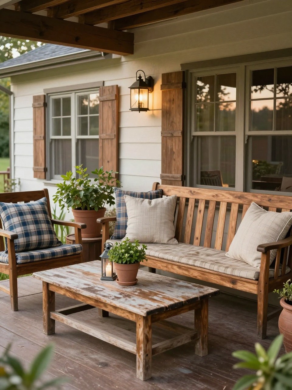 Image Prompt: A rustic back porch patio with wooden benches, plaid and linen cushions, weathered wood coffee table, lanterns, potted greenery, warm farmhouse-style home exterior, cozy country outdoor design, realistic DSLR photo quality, no people, no watermarks on images.