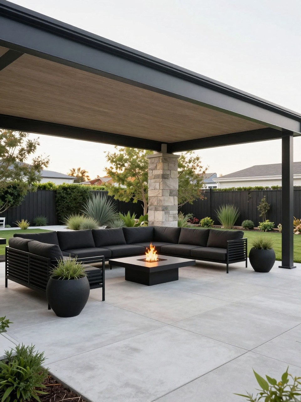 Image Prompt: A sleek modern covered patio with flat roof, large square pavers, black metal outdoor sectional, low fire table, sculptural planters, simple greenery, light concrete floor, clean architectural lines, open backyard setting, no people, photorealistic DSLR photo, no text, (no watermarks on images)