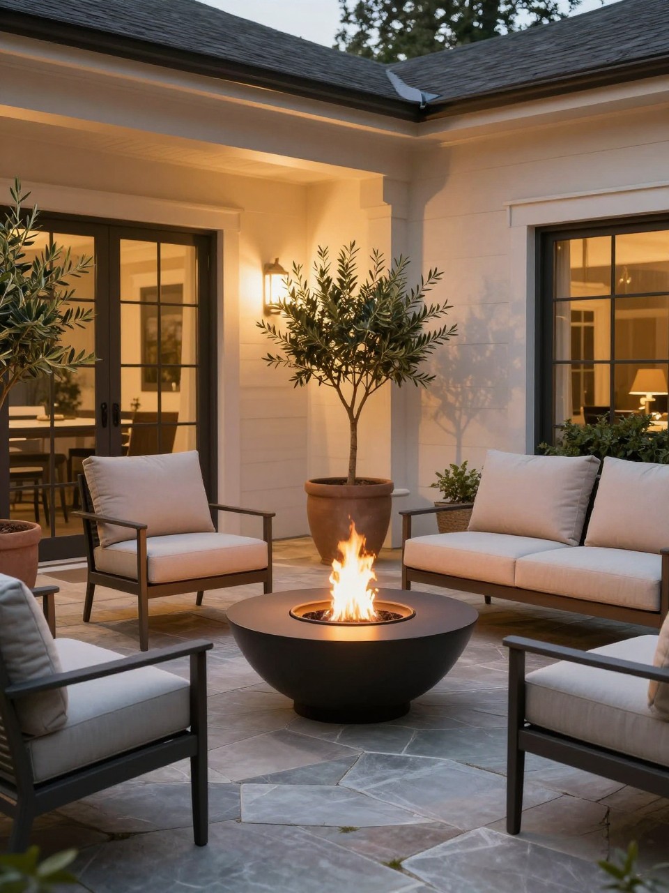 Image Prompt: A beautiful back porch patio with a small modern fire bowl, comfortable outdoor chairs, neutral cushions, stone flooring, potted olive trees, warm evening light, cozy and premium backyard patio setting, realistic DSLR photo quality, no people, no watermarks on images.