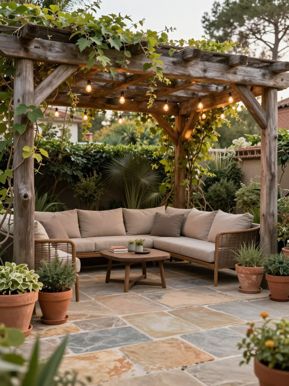 Image Prompt: A beautiful flagstone patio beneath a rustic wooden pergola, warm tan and gray stone floor, outdoor sofa with neutral cushions, string lights hanging from the pergola beams, climbing vines, potted terracotta plants, cozy backyard lounge setting, no people, realistic editorial garden photo, no text, no watermarks on images.