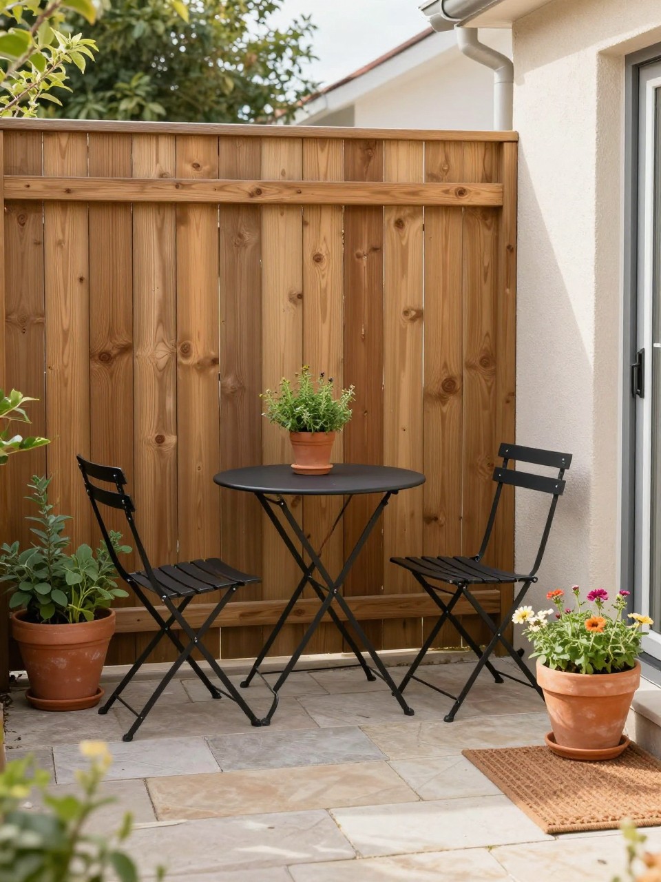 Image Prompt: A tiny townhouse patio with a slim black metal bistro table and two folding chairs, light stone paver floor, narrow wood fence backdrop, terracotta pots with herbs and flowers, small outdoor rug, warm morning sunlight, cozy compact coffee nook, no people, realistic DSLR photo, editorial home and garden style, high detail, no text, no watermarks on images.