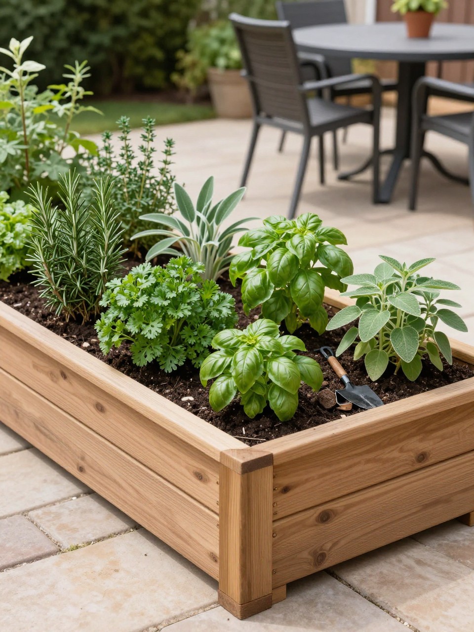 Image Prompt: A beautiful raised wooden herb garden bed on a backyard patio, filled with rosemary, basil, parsley, sage, thyme, and oregano, neat soil surface, small garden tools, paver patio floor, outdoor dining table in the background, sunny and practical home garden setup, realistic DSLR photo, no people, no text, no watermarks on images.