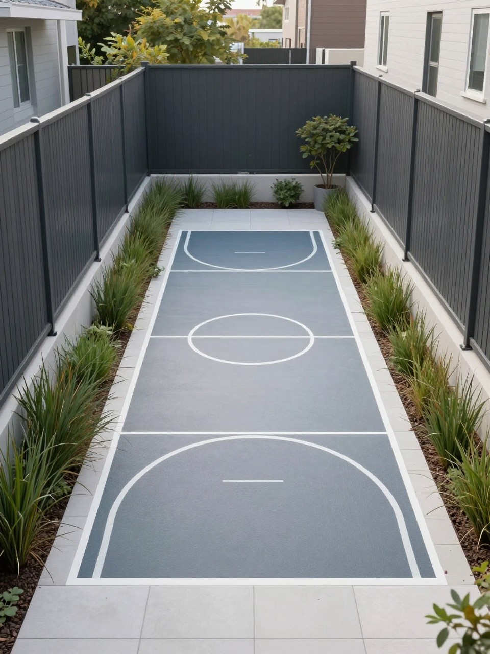 Image Prompt: A narrow side yard sport court with compact basketball shooting area, smooth court surface, tall privacy fence, slim planters with grasses, clean walkway connection, smart small-space backyard sports design, realistic DSLR photo quality, no people, no watermarks on images.