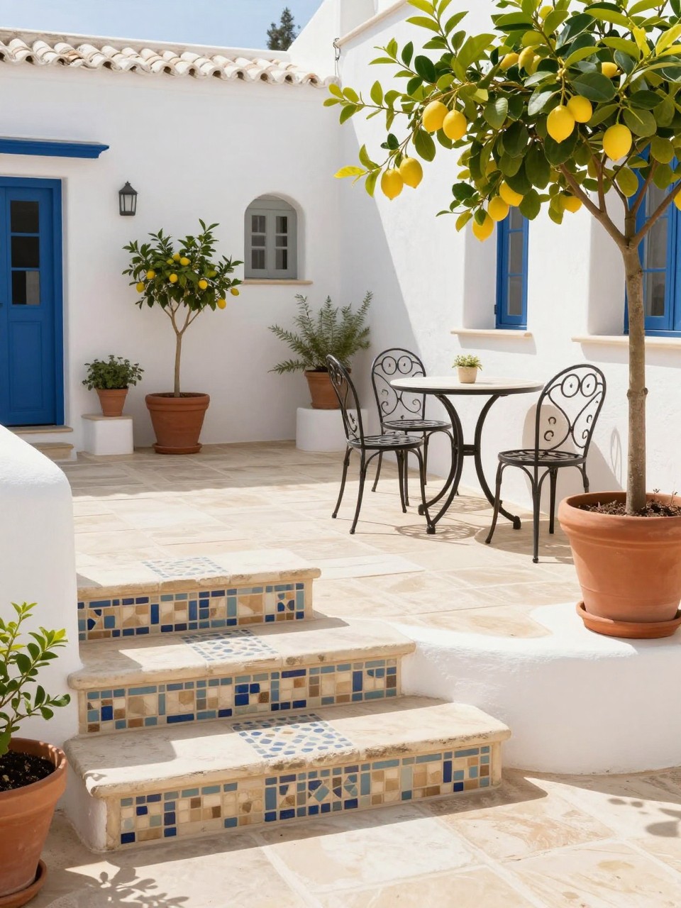 Image Prompt: A lovely Mediterranean patio with pale stone flooring and small mosaic tile accents on stair risers, planter edges, and a tabletop, wrought iron chairs, terracotta planters, lemon tree, white stucco walls, sunny elegant courtyard setting, no people, realistic DSLR image, no text, no watermarks on images.