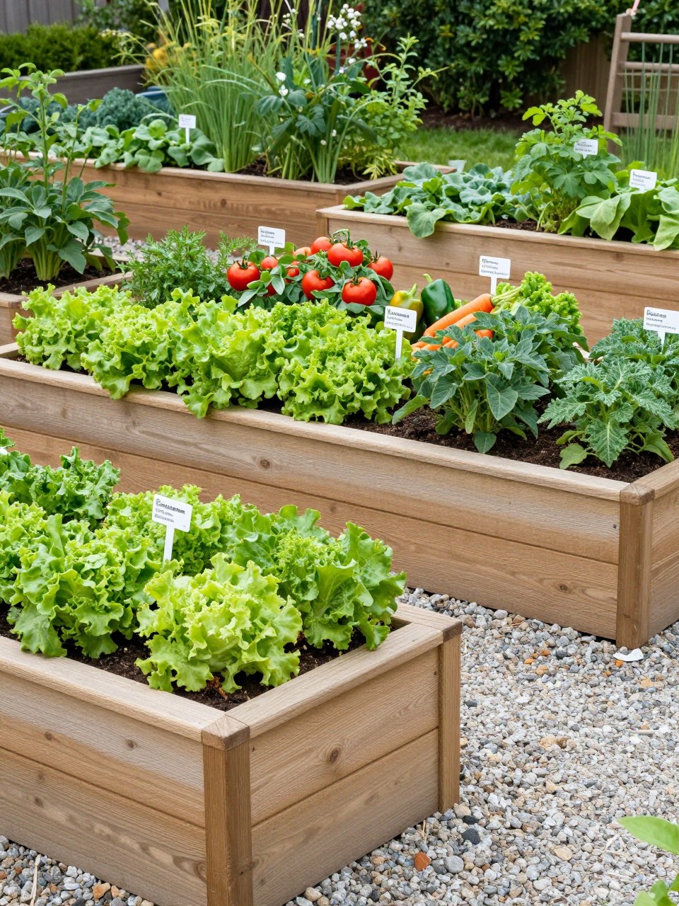 Image Prompt: A beautiful tiered vegetable garden made with wooden sleepers, multiple raised levels filled with lettuce, tomatoes, herbs, peppers, and carrots, gravel paths, neat labels, practical and stylish home growing space, realistic DSLR photo quality, no people, no watermarks on images.